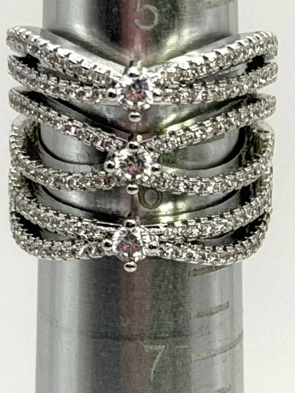 925 Sterling Silver Ring Wide Cross Over Band Multi Row Pave CZ Statement 5.5”